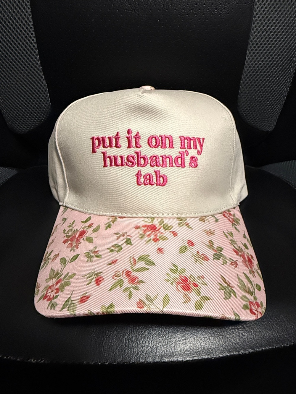 “Put it on my husband’s tab” Cream Baseball Cap with Pink Floral Visor